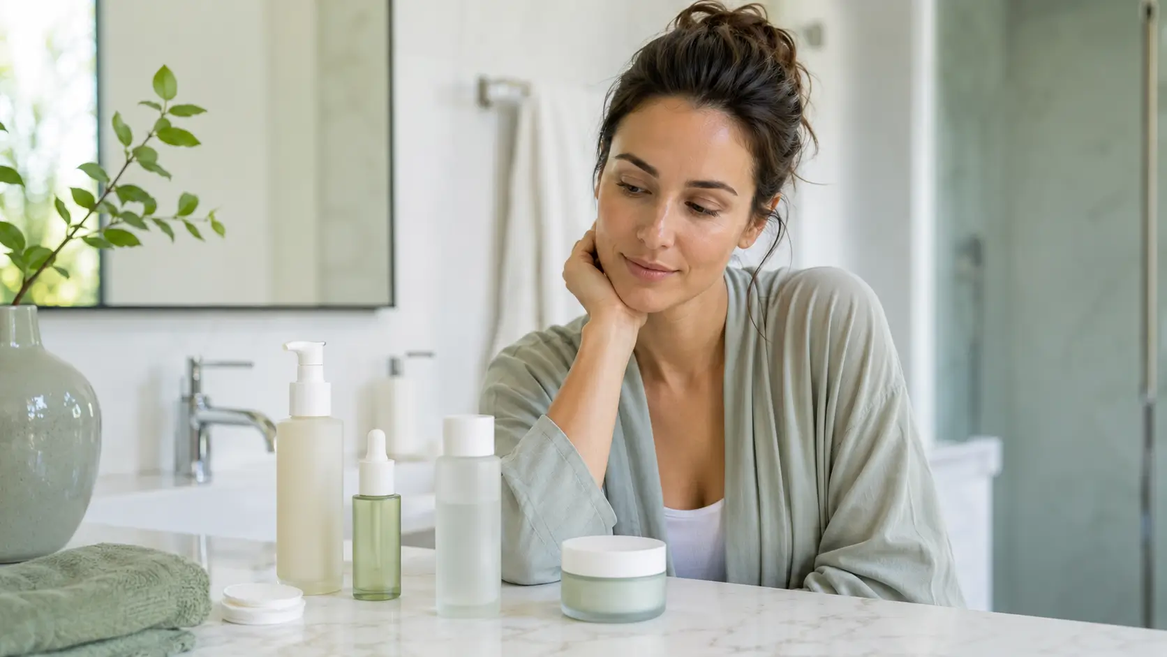 Woman reviewing skincare products for oily skin