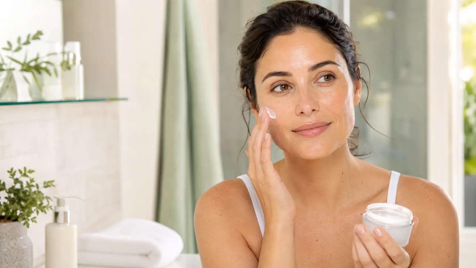 Woman applying lightweight moisturizer for oily skin